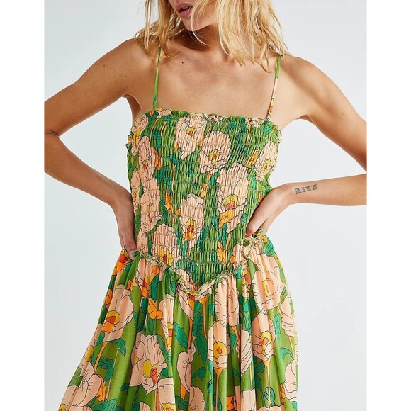 FREE PEOPLE Sophia Jumpsuit XL Floral Avocado Combo Smocked Missing Stra… - Picture 12 of 12